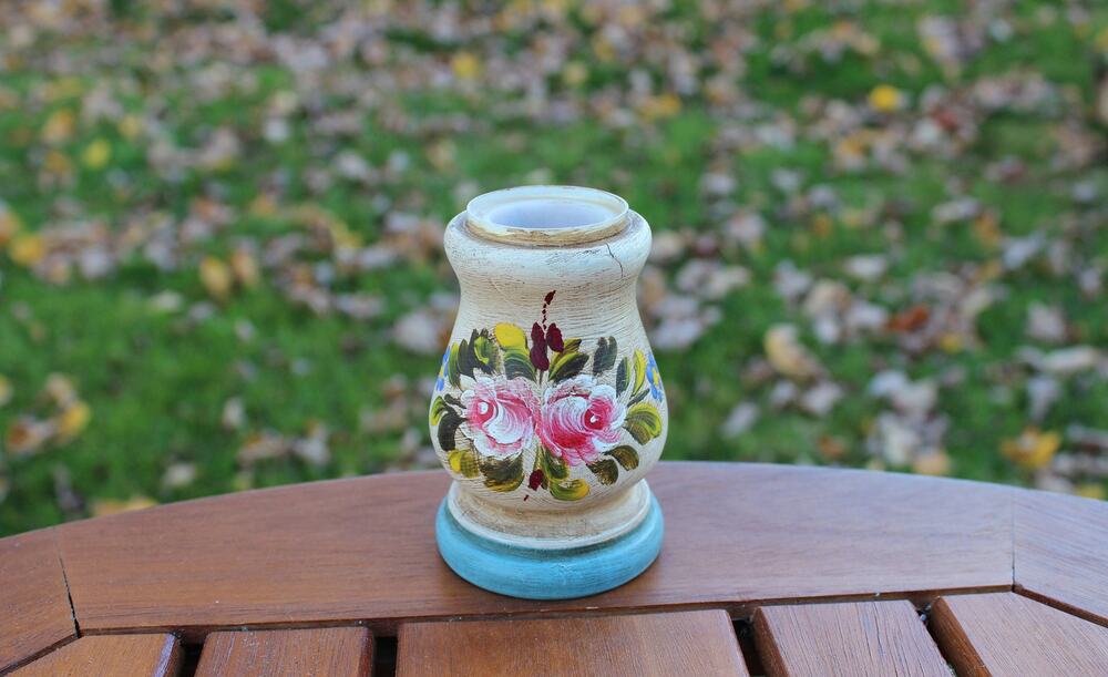 Vintage Handmade Wood Candle Holder Floral Motif Farmhouse